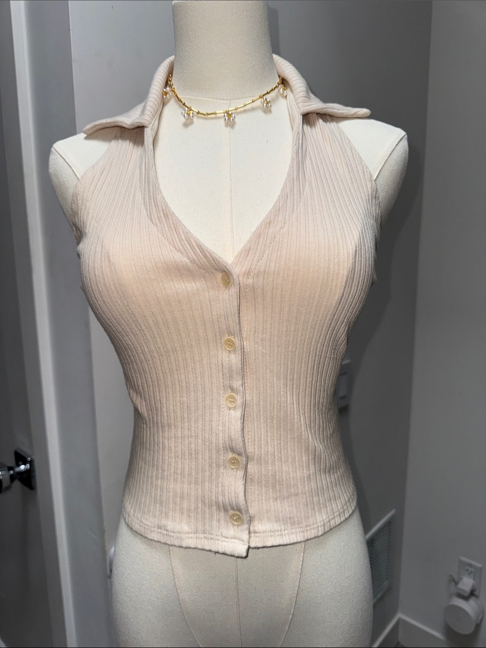 Reformation Ribbed Button-Front Tank Top in Cream - Picture 2 of 4